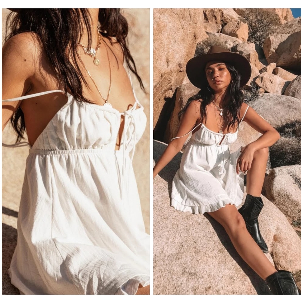 . PRINCESS POLLY BOHO TIE FRONT BUTTON BACK BABYDOLL MINI DRESS